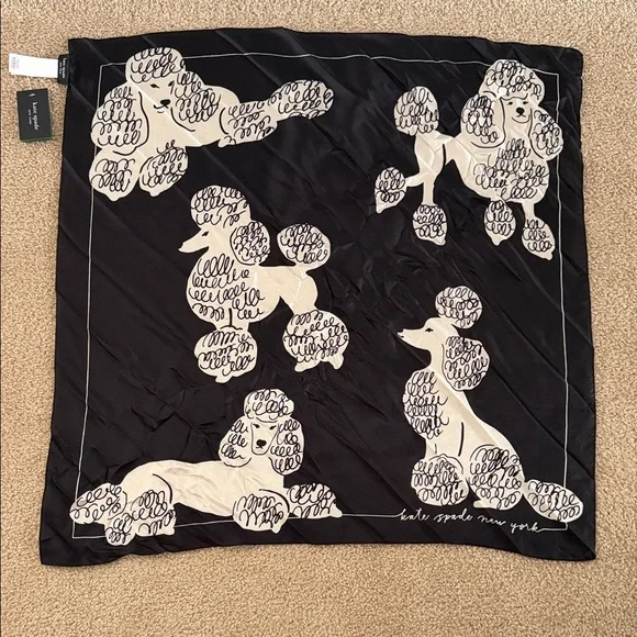 Kate Spade New York Black & White Poodles Silk Scarf ~30x30 NWT - Picture 1 of 7